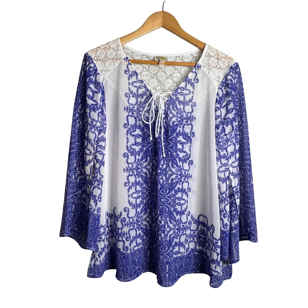 Fig & Flower Lace Panel Peasant Top Blue White Feminine Romantic Boho Western L